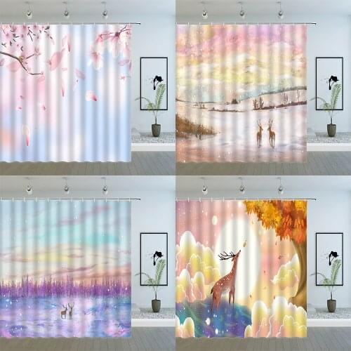 Cartoon Dream Natural Scenery Shower Curtains Water Color Four Seasons Landscape Pattern Bathroom Decor Fabric Hanging Cloth