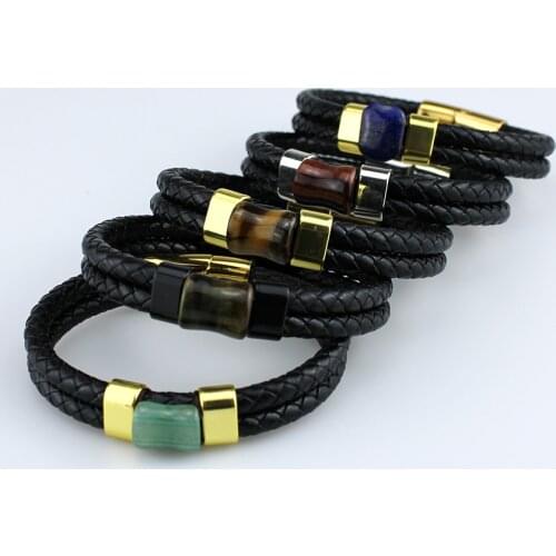 100%Natural Tiger Eye Stone Chakra Jewelry Charm Stainless Steel Mens Genuine Leather Braclets Natural Stone Bracelet Wholesale