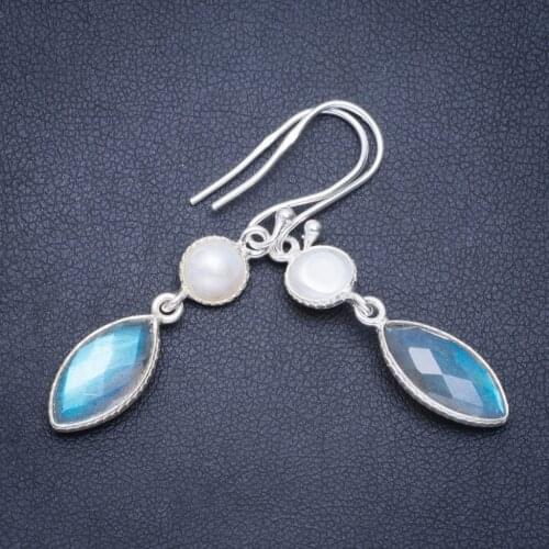 Natural Blue Fire Labradorite and River Pearl Handmade Unique 925 Sterling Silver Earrings 1.75" A0894