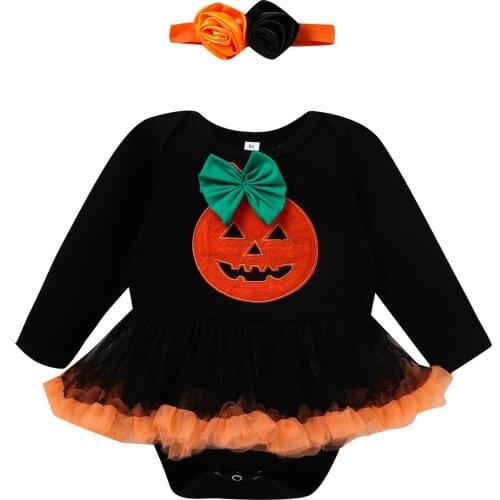 2021 New Infant Newborn Baby Girls Halloween Costumes Cute Pumpkim Bow Romper Flower Headband Tulle Skirts Clothes Set 0-24M