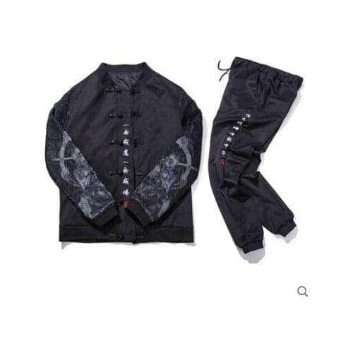 Chinese style autumn mens suit retro printing embroidery large size plate buckle Hanfu jacket two-piece