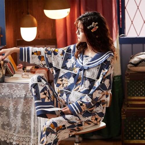 Spring And Summer Pajamas Female Cotton Full Sleeve Lovely Cartoon Household Suit