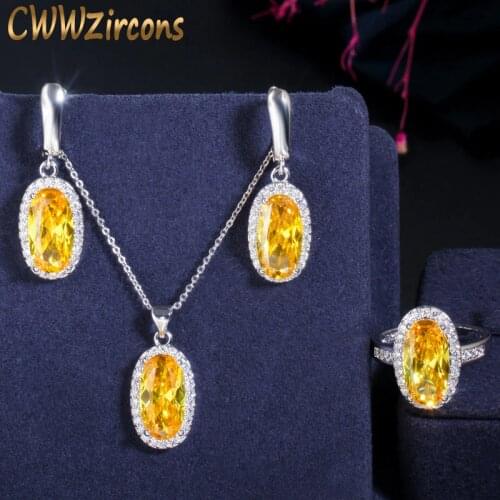 CWWZircons Gorgeous Perfect Cut Big Oval Yellow Cubic Zirconia Pendant Earring and Ring Fashion CZ Women Party Jewelry Sets T221