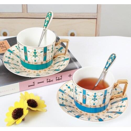Blue and Green Elegant Golden Top Grade Coffee Cup European Tea Cup Set And Saucer Afternoon Tea Coffee Drinkware