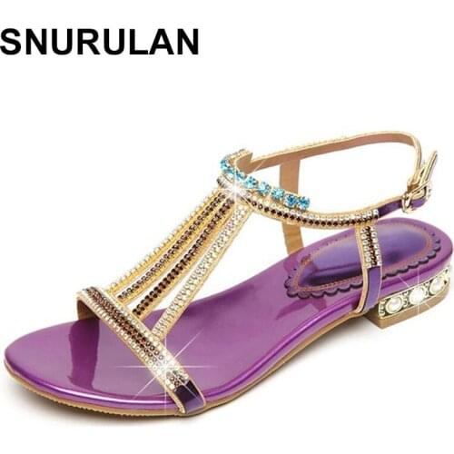 SNURULAN Fashion Rhinestone Sandals Women Flat Seaside Vacation Beach Shoes Summer Bohemian Sandals Luxury Brand Plus Size Shoes