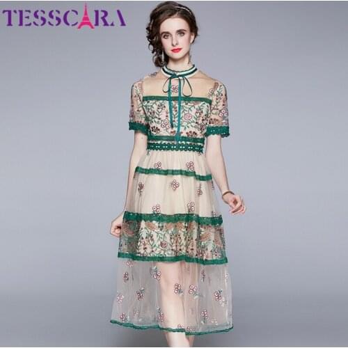 TESSCARA Women Luxury Embroidery Mesh Dress Festa High Quality Elegant Wedding Party Robe Femme Lace Designer Summer Vestidos