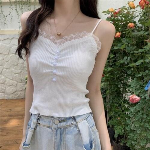 Spaghetti Strap Summer Camis Tops Women Korean Sexy Shirts Casual Tops Solid Streetwear Sleeveless Vintage Knitted Tops