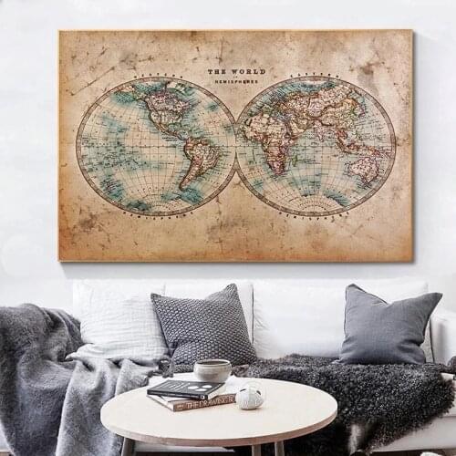 Vintage World Map Canvas Poster Ancient Map Canvas Painting Posters and Prints Old Retro Map Wall Art Picture for Living Room