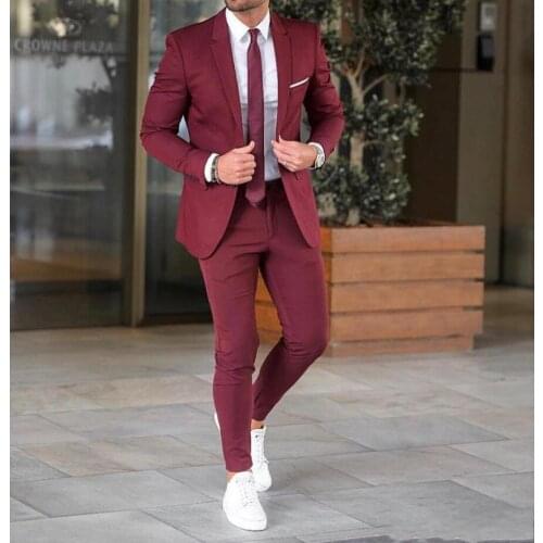 High Quality Two Buttons Wine Groom Tuxedos Notch Lapel Groomsmen Men Blazers Suits (Jacket+Pants+Tie) NO:458