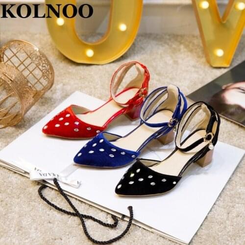 KOLNOO New Handmade Ladies Chunky Heels Sandals Buckle Ankle Straps Four-Colors Big Siz US5-15 Evening Fashion Daily Wear Shoes