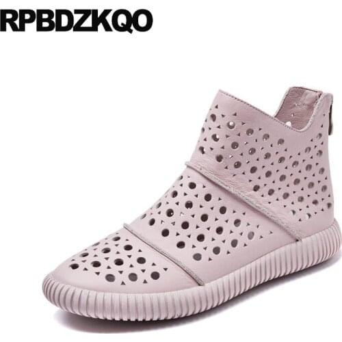 Shoes Big Brand Sandals British Short Booties Genuine Leather Women Ankle Boots 2021 Round Toe Pink Cut Out Beige Flat Summer