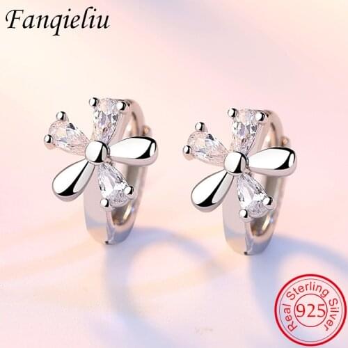 Fanqieliu Real Sterling 925 Silver Natural Crystal Small Cute Flower Hoop Earrings For Women FQL3235