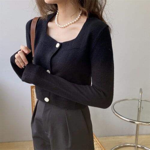 Spring and Autumn Womens Casual Solid Color Square Neck Long Sleeve Short Sleeve Cardigan Sweater