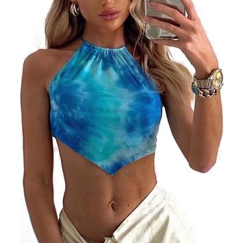 New Hot Women Halter Crop Top Tie Dye Print Cross Back Sleeveless Tank Top Chinese Style Deep Blue Vest