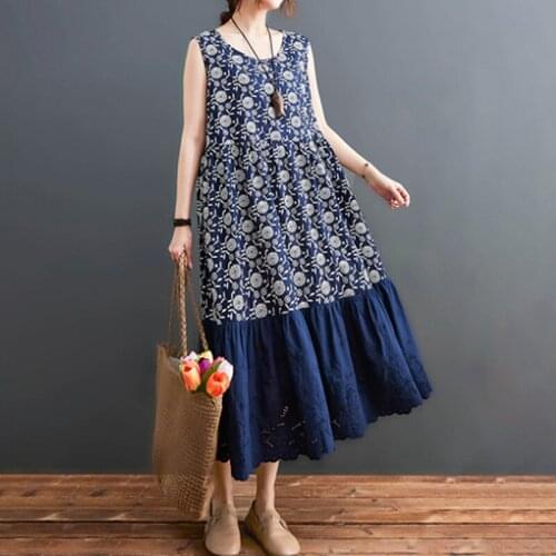 Sleeveless Vest Robe Plus Size Summer Dress Vintage Elegant Sundress Floral Women Lady Long Dress Casual Sleeveless Lace Cotton