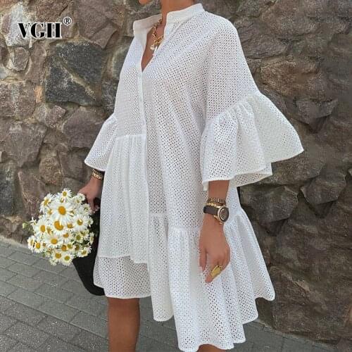 VGH Patchwork Ruffle Loose Dress For Women Stand Collar Petal Sleeve Hollow Out Casual Dresses Female Fashion New Clothing 2020