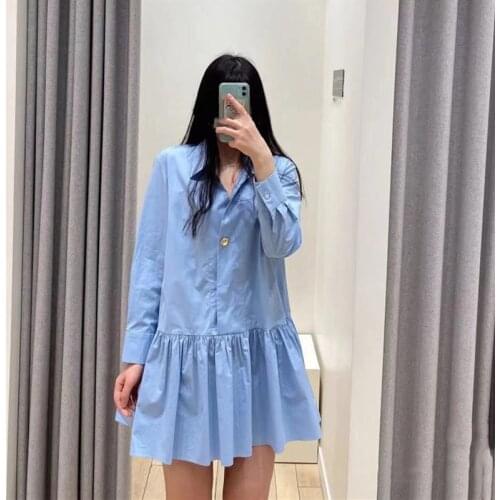 Womens blue casual dress V-neck ruffled French brand pure cotton fresh style dress for women