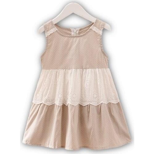 New Summer Children Clothing Girls Light Brown Dots Printed Cotton O-neck Lace Sleeveless Vest Woven Thin Mini Dresses