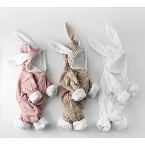 Winter Newborn Baby Girls Infant Toddler Cute Long-eared Bunny Thicken Warm Zipper Cute Romper Jumpsuit Overall Outfits Clothes