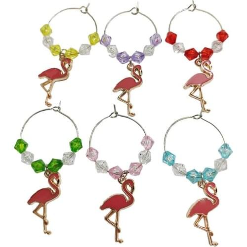 6 Pcs Hawaiian Party Flamingo Wine Markers Wine Charms Kitchen Table Decoration Accessories (Assorted Color)