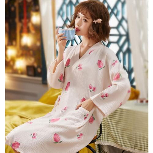 PENG’S M Bathrobes Spring and autumn new cotton pink peach medium length bathrobe