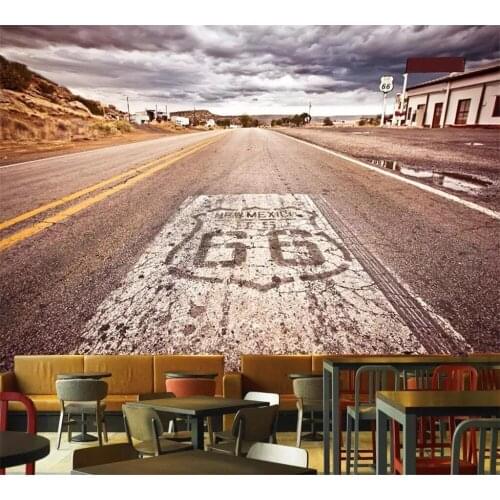 Beibehang Customized wallpaper 3D European and American industrial style 66 highway beautiful scenery bar decoration painting