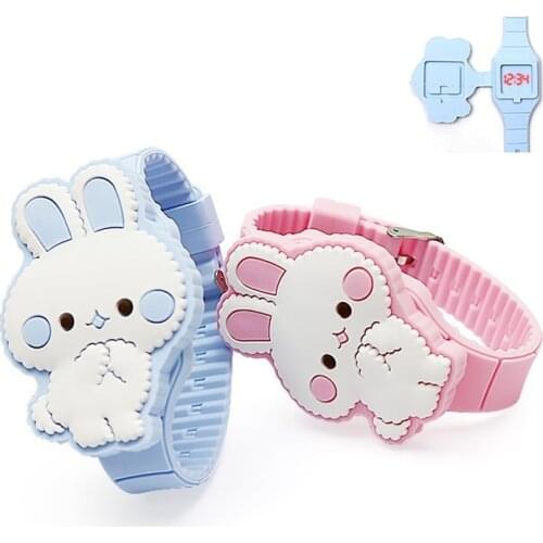 Lovely Rabbit Cartoon Children Watches Flip Cover Rubber Electronic Kids Watch for Boy Student Girls Clock Reloj Infantil Saati
