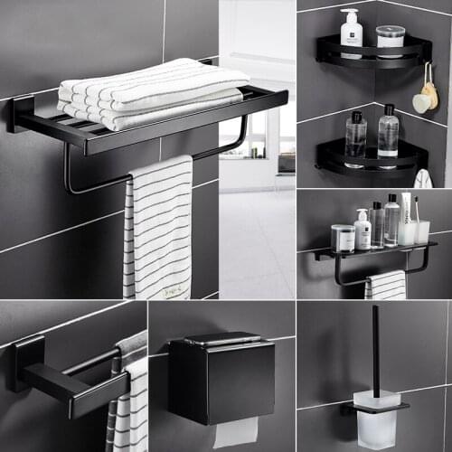Black Aluminum Alloy Bathroom Accessories Set Toilet Paper Holder Towel Shelf Brush Rack Soap Dish Storage Shower Caddy Hook