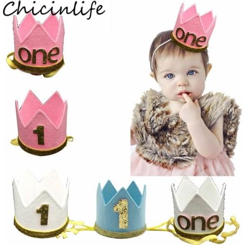 Chicinlife 1Pcs Blue/Pink/White 1 Years Old Birthday Crown Headband Baby Shower Boy Girl 1st Birthday Party Hat Decor Supplies