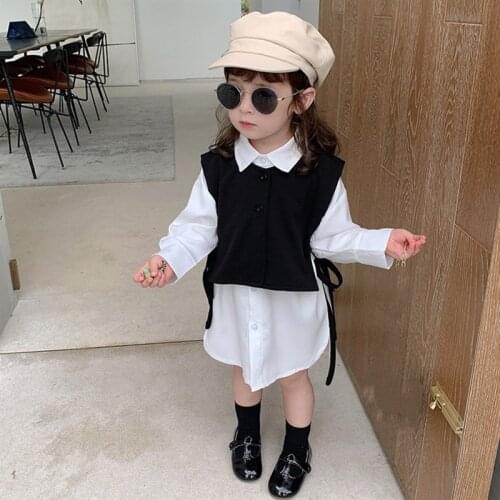 Girls Long Shirt Dress Suit Autumn New Fashion Children White Blouse + Black Vest 2 Pcs Outfits 2-7 Years Casual Kids Clothing