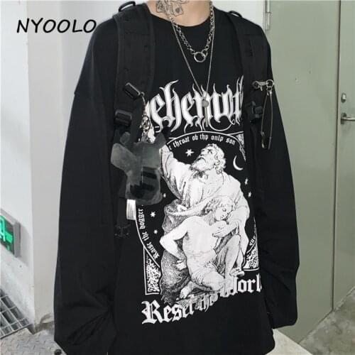 NYOOLO Harajuku style character Gothic letters print tee shirt tops Autumn streetwear loose long sleeve T-shirt women men cloth
