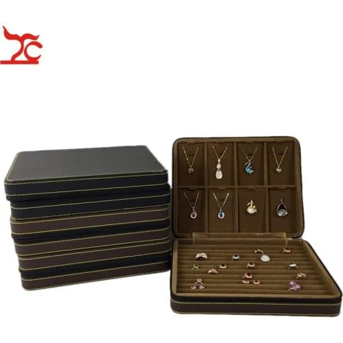 Leather Pendant Jewelry Display Case Slot Bar Ring Cufflink Necklace Exhibition Organzier Storage Travel Zipper Box