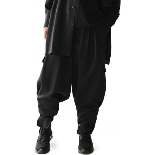 Hip Hop Fashion Brand Loose Casual Elastic Waist Solid Black Ankle Banded Pants Cargo Pants Casual Street Side Button Split Pant