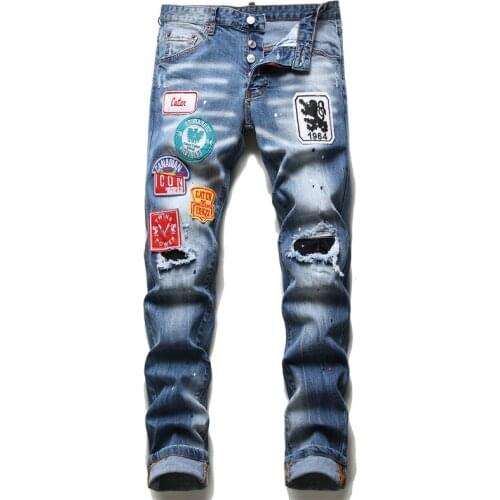 D2 Italy blue men dsq brand jeans pants Men slim skinny jeans Moto & Biker jeans Elastic blue Pants hole jeans for men 1203