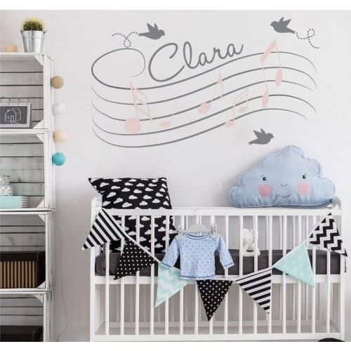 Name wall sticker Music notes decal Nursery mural Pink Vinyl wall sticker for girls kids room Birds and name decals decor HY272