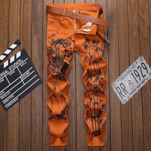 2021 New Mens fashion Chinese ink wash painting printed jeans Tiger slim fit stretch denim pants Leisure simplicity fashion