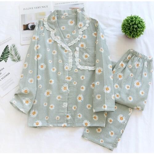 Spring and Autumbn New Ladies Comfort Cotton Loose Thin Doll Collar Pajamas Set Cute Daisies Printed Homewear Girls Sleepwear