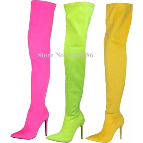 New Candy Color Elastic Ladies Long Boots Fashion Pointed Toe Thin Heel Thin Leg Over-the-knee Boots Woman Model Club Shoes