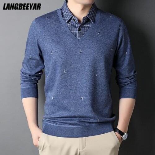 Top Grade Fake Two New Fashion Designer Brand Collared Knit Pullover Sweater Slim Fit Autum Casual Collaree Jumper Men Clothing