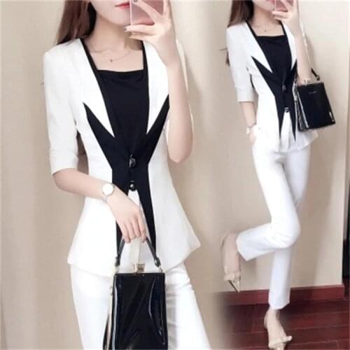 New womens spring fashion small suit two-piece spring black and white stitching suit suit female
