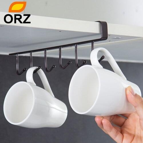 ORZ Kitchen organizer Hook 6 Hooks Cup Iron Hanging Shelf Cabinet Removed Hanger Bathroom Organizer Key Holder Home accessories