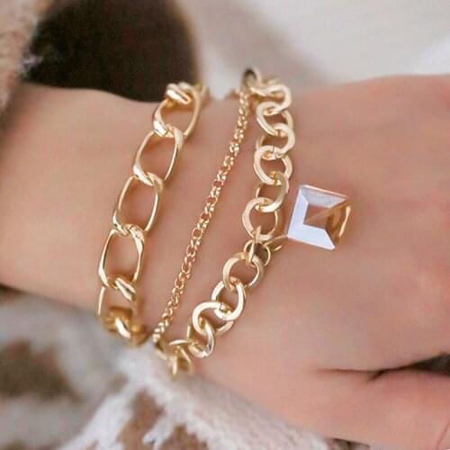Luxury Layered Chunky Chain Bracelet for Women Big Square Crystal Charm Bracelets for Girls Wristband Hand Jewelry Adjustable