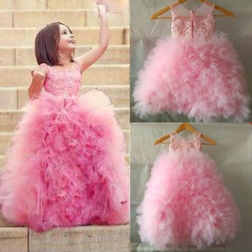 Pink Tiered Lace Princess Flower Girl Dresses for Wedding Kids Children First Communion Ball Gowns Party Pageant Wear for Girl