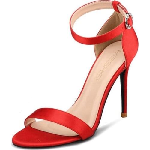 Silk Red Black Sandals Solid Thin Heels Open Toe Women Sandals Office Buckle Strap Summer High Heels Sexy Shoes H0042
