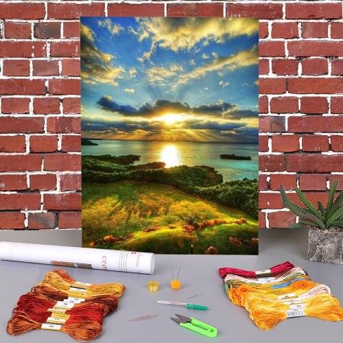 Landscape Sunset∕love Beach Pre-Printed 11CT Cross Stitch Embroidery Full Kit DMC Threads Sewing Handmade Handicraft Needle