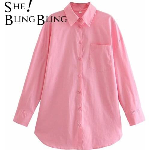 SheBlingBling Sweet Girls Pink Loose Shirt Summer Chic Drop Shoulder Curved Hem Women Casual Blouses Slit Side Female Long Tops