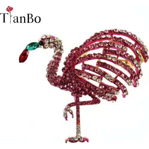 TianBo 2018 Fashion Jewelry Pin Metal Full Pink Crystal Flamingo Brooch Broche Vintage Animal Rhinestone CZ Brooches For Women