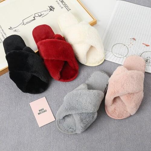 7 Color Women Faux Fur Indoor Slippers Plush Cross-strap Cotton Sandalias Man Flats Sandales Artificial Fur Female Mujeres Shos