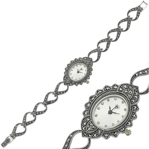 925 K Silver Marcasite Cubic Zirconia Womens Clock