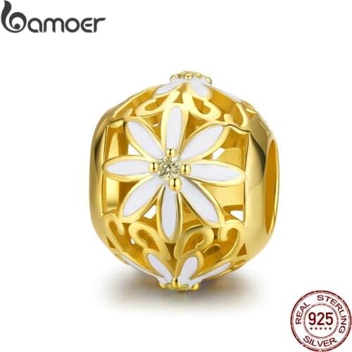 BAMOER Golden Enamel Flower Round Beads for Women Jewelry Making 925 Sterling Silver Openwork Round Charm Luxury Jewelry SCC1216